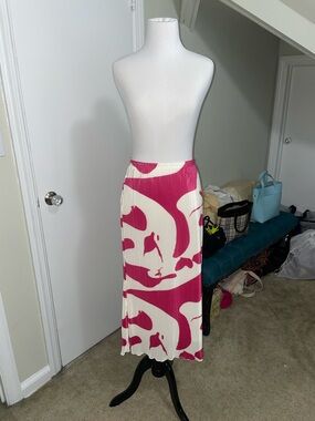 Pleated Abstract Print Midi Skirt - Pink & Cream